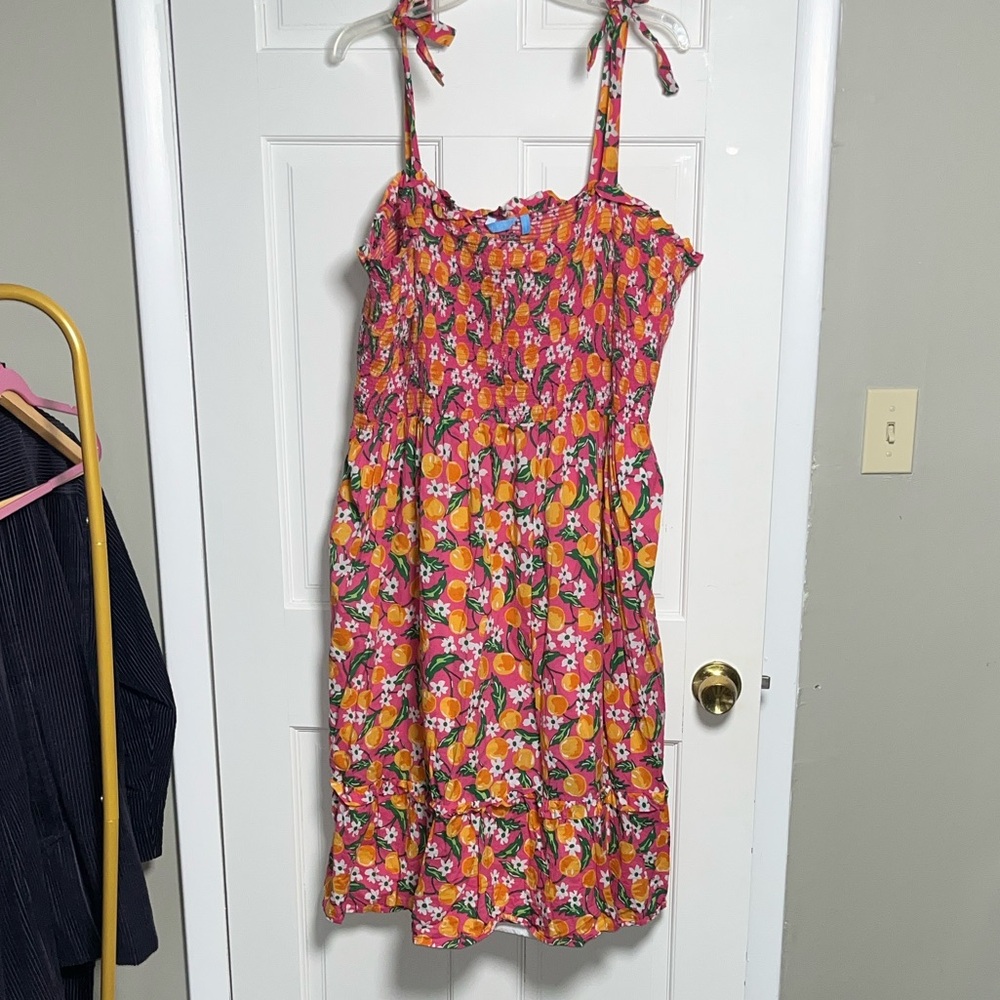 Draper James Orange Print Smocked Sundress Tie Straps Pink Citrus XL or XXL